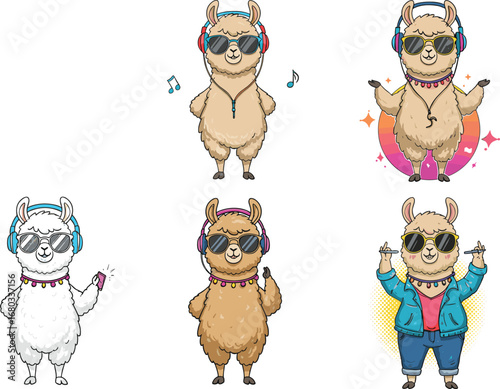 Cool llamas wearing headphones and sunglasses, listening to music, dancing, enjoying party vibes, stylish cartoon alpacas, fun animal illustrations
