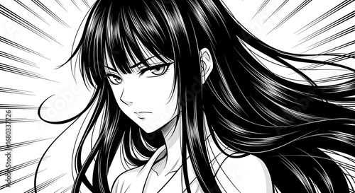 Anime Girl Portrait: Intense Gaze, Black and White