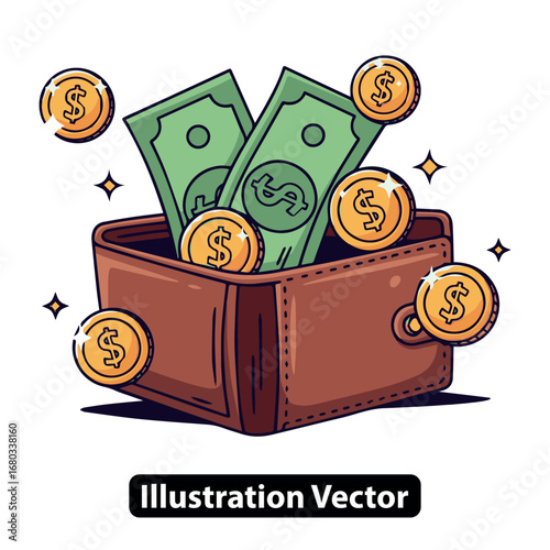 Cartoon wallet overflowing with cash dollar bills and gold coins, financial success concept