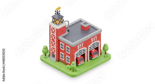 Isometric cartoon fire station building with fire trucks and trees 3d rendering illustration