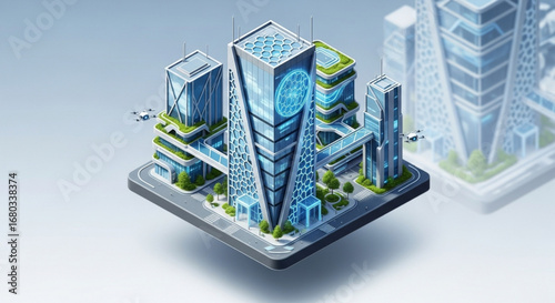Isometric futuristic city skyline with modern architecture and green spaces for urban planning concept