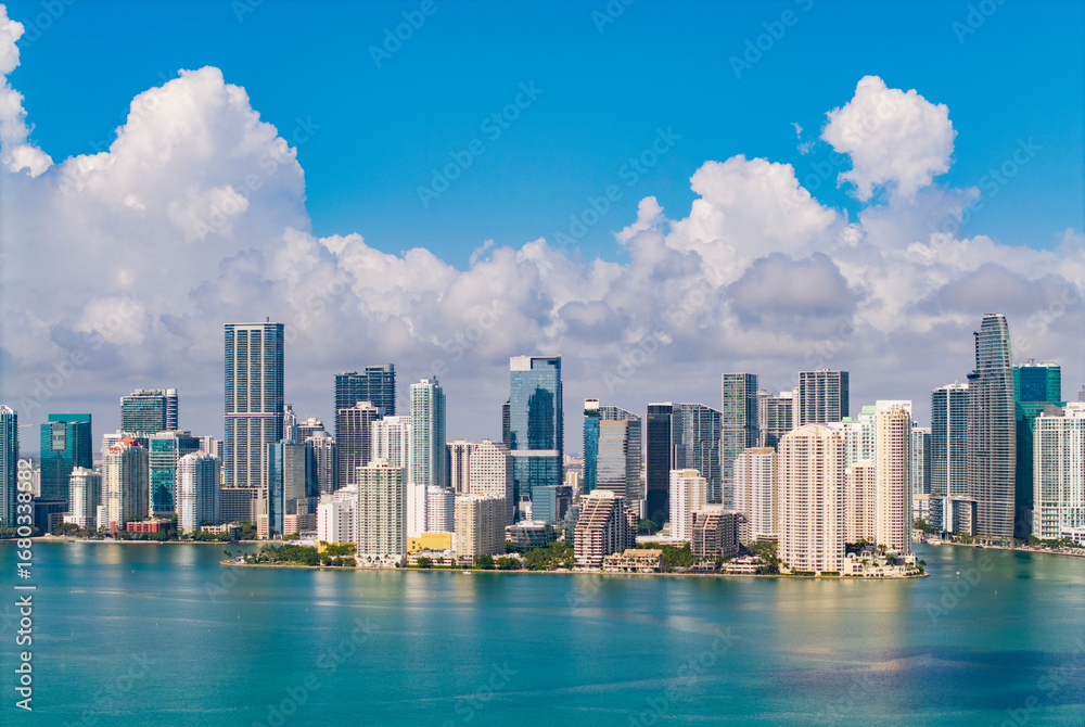 Fototapeta premium Aerial view of Brickell skyline in downtown Miami. Scenic panorama of Brickell financial district. Brickell in Miami city.