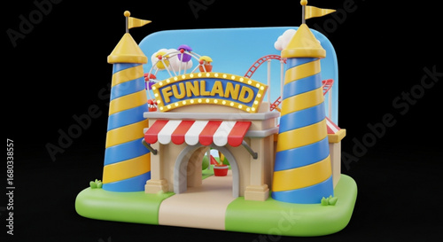 Funland amusement park illustration with roller coaster and ferris wheel for family entertainment and fun day out
