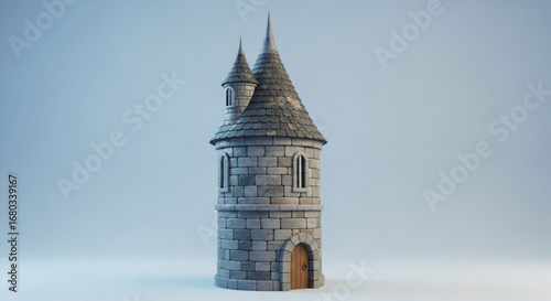 Fantasy stone tower architecture design with shingles roof and wooden door render illustration 3d model