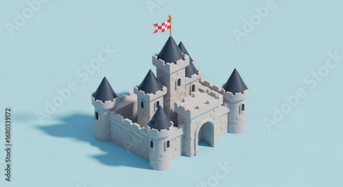 Isometric castle illustration, medieval fortress, fantasy kingdom, architecture, fairytale, building scene