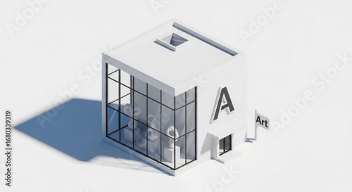 Isometric art gallery building design with modern architecture and minimalist style showcasing sculptures and art