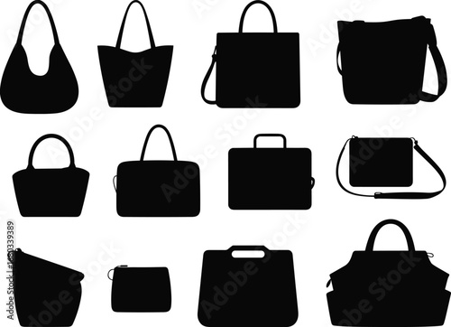 Black silhouette collection of handbags, purses, tote bags, shoulder bags, crossbody bags, clutch bags, fashion accessories, vector icons, stylish, modern, elegant, versatile, design, branding