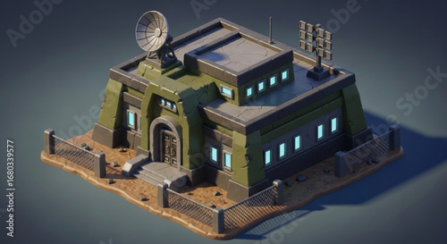 Isometric military base building with radar dish and flood lights for game asset and design vector