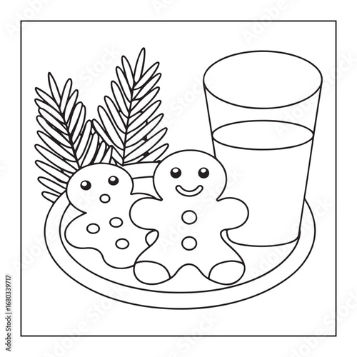 Two gingerbread cookies and a glass of milk on a plate with pine needles biscuits food
