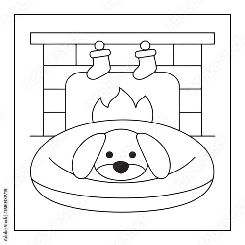 Cute dog sleeping in a dog bed in front of a fireplace with stockings hanging above puppy animal