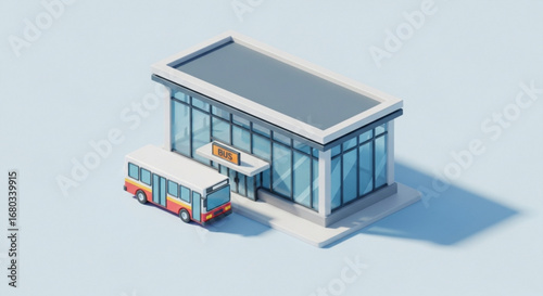 Isometric bus station terminal building with bus for transport and travel related designs and illustrations