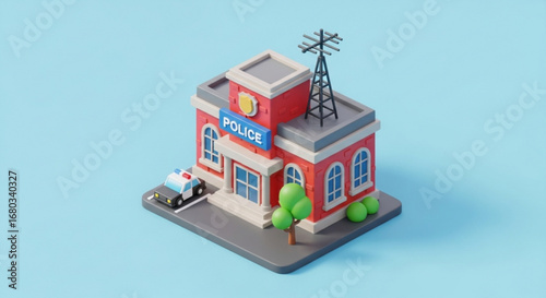 Isometric police station building with car antenna and trees illustration for law enforcement design asset