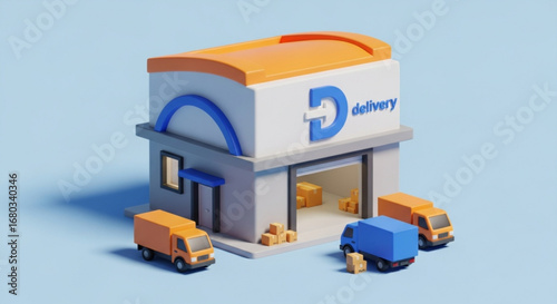 Delivery service building with trucks for shipping and logistics fast delivery express courier and distribution