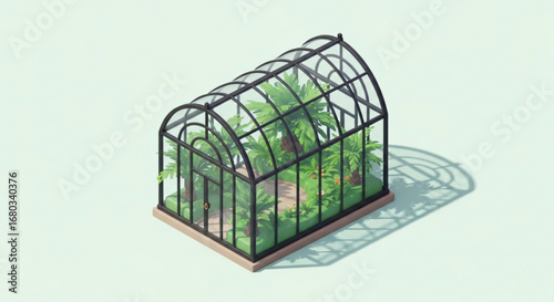 Isometric greenhouse illustration showcasing plants and sunlight for gardening and botanical designs needs
