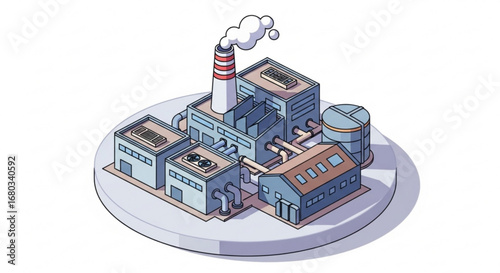 Isometric factory industrial plant manufacturing building production facility energy generation illustration