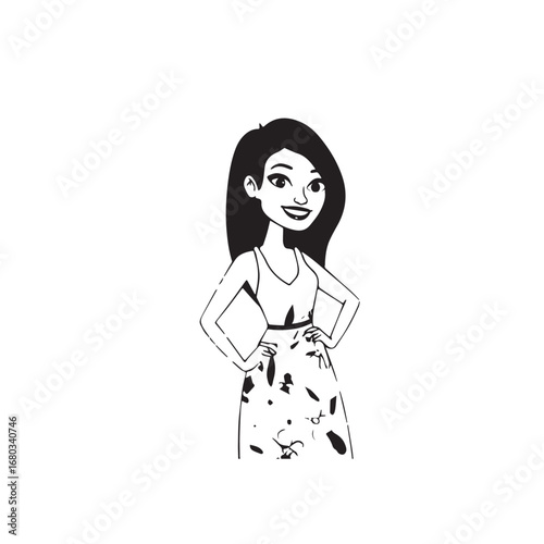 Beautiful Woman Black and White Vector Image Illustration Fashion Girl Portrait Line Art Drawing
