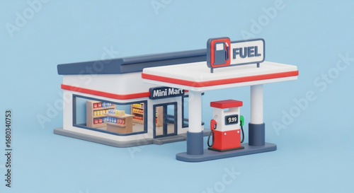 Cartoon gas station and mini mart illustration for fuel and convenience store search optimization design use