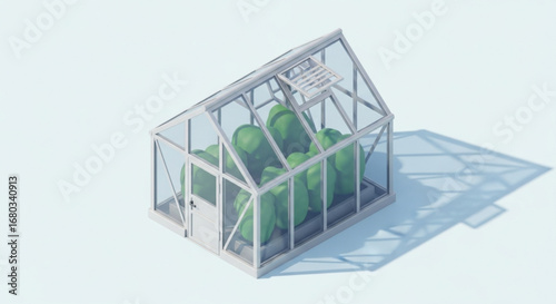 Isometric greenhouse with plants growing inside for gardening and sustainable agriculture and farming project