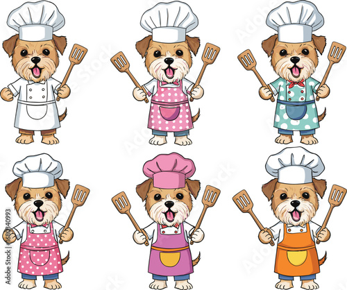 Cute dog chef cartoon holding spatulas, various aprons and chef hats, cooking pet illustration, funny animal chef clipart set