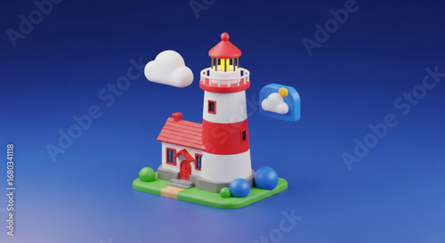 Cartoon lighthouse illustration with house and clouds for coastal scenery and maritime theme design