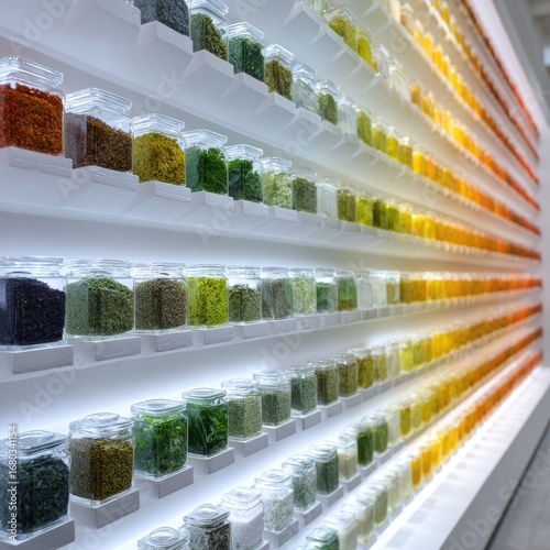 Tactile and visual herb display ordered by color range on bright white