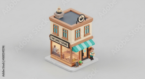 Isometric coffee shop cafe building daily grind barista cartoon style architecture 3d render illustration