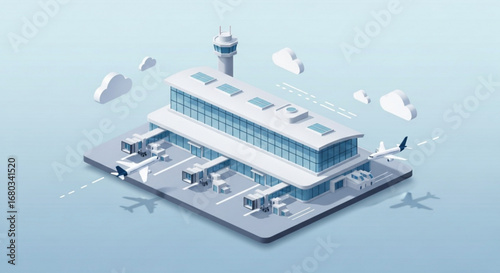 Isometric airport terminal building with airplanes and control tower for travel and transportation designs