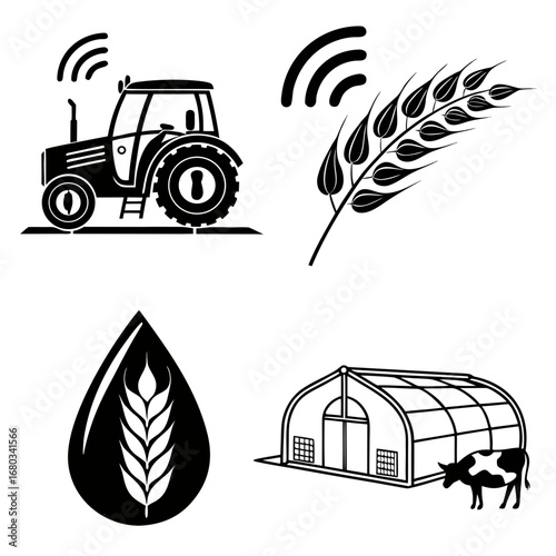 Smart agriculture icons set with tractor, greenhouse, and wheat