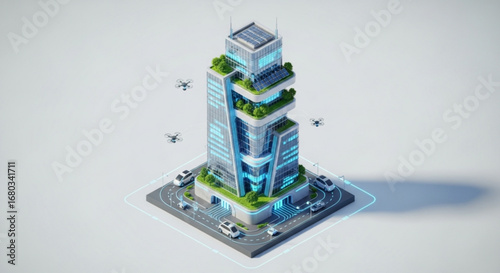 Futuristic smart city building with solar panels, drones, and electric vehicle infrastructure design concept
