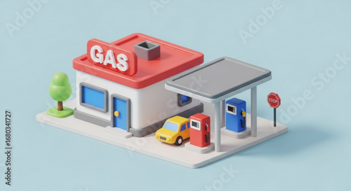 Isometric gas station cartoon illustration with car and stop sign for fuel and service concept design