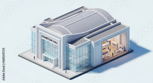 Isometric exhibition hall design for trade shows and events in a modern architectural style rendering design