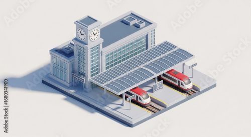 Isometric train station vector illustration with clock tower and modern trains for transportation design