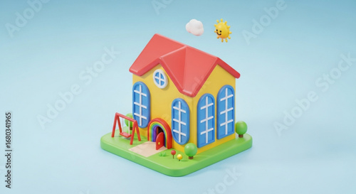 Cute cartoon house illustration with swing set sun and cloud clip art for kids and children design concept