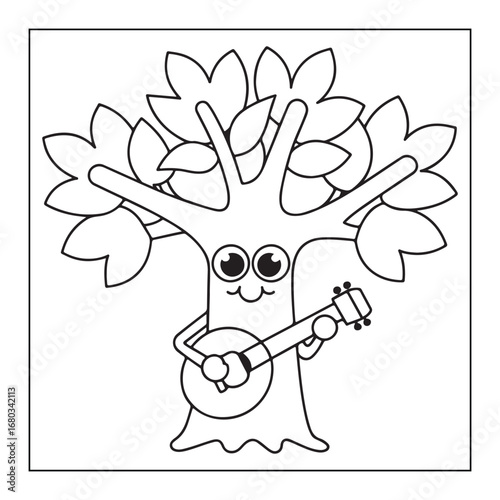 Whimsical cartoon tree character playing a banjo with leaves, coloring page illustration