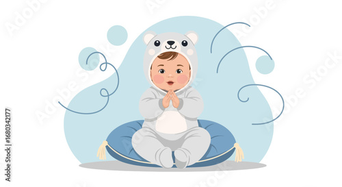 Adorable Infant in Bear Costume, Cute Baby Sitting Comfortably on a Blue Cushion