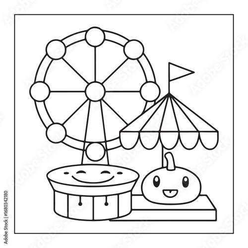 Cute cartoon Ferris wheel and pumpkin ride at an amusement park coloring page carnival