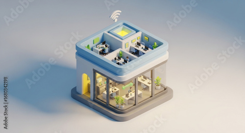Isometric office building illustration with wifi connection modern workspace and open floor plan design concept