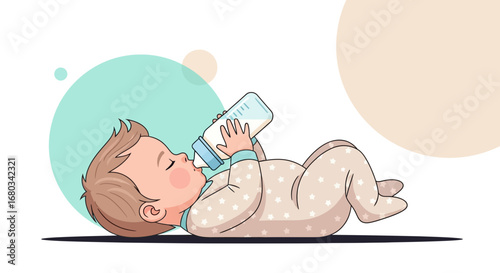 Adorable infant joyfully drinking from a bottle, enjoying sustenance in a calm moment