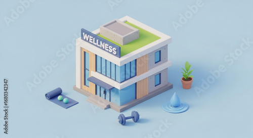 Isometric wellness center building with yoga mat and dumbbell for fitness and health lifestyle concept