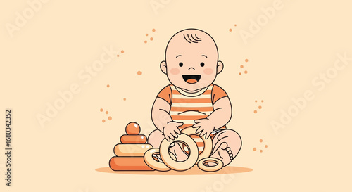 Adorable Infant Laughing And Playing With Circular Toys, Artistic Illustration Of Delight