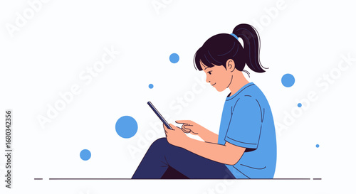 A young woman uses a tablet device against a white background with blue accents