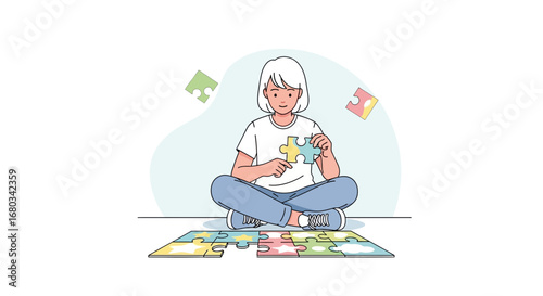 A young woman solving a puzzle sitting cross-legged with completed puzzle pieces