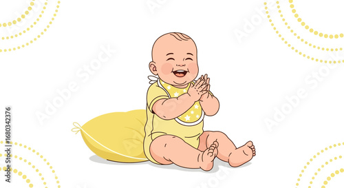 Adorable Infant Playing and Smiling With Joyful Gestures on a Solid Background