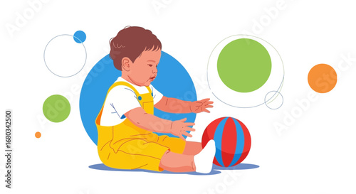 Adorable Infant Plays With A Ball, Bright Colors And Joyful Artistic Expression