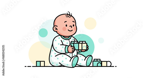 Adorable Infant Plays, Engaging With Building Blocks, Amidst Playful Bubbles and Whimsy