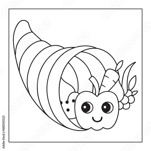Cute cartoon cornucopia filled with fruits and vegetables for coloring horn of plenty thanksgiving