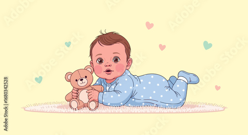 Adorable Infant Plays With Plush Toy, Captured in Whimsical Illustration Style