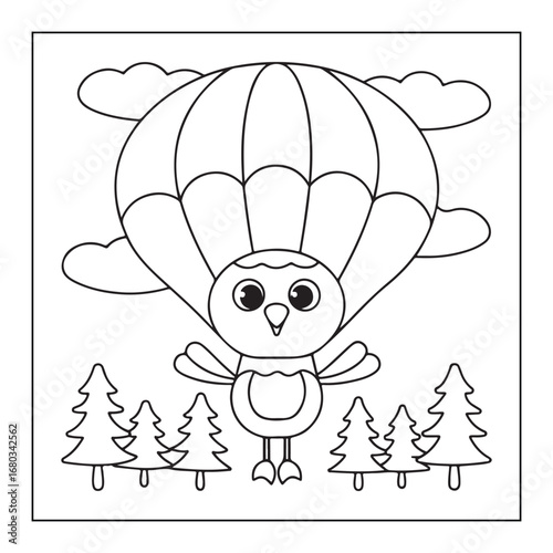 Cute cartoon bird with parachute descending over stylized pine trees and clouds line art skydiving