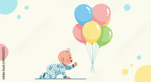 Adorable Infant Reaches For Colorful Balloons, A Cheerful Scene For Celebrations