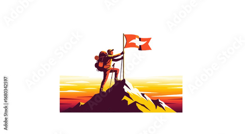 Achiever Planting A Flag On Mountain Peak, Celebrating Goal Achievement And Success